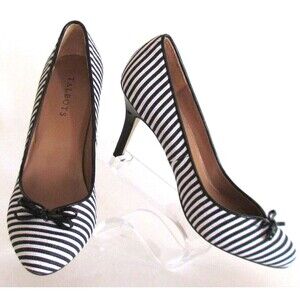 Designer Talbots Fabric Black/White Stripes Round Toe High Heel Shoes 8.5 M